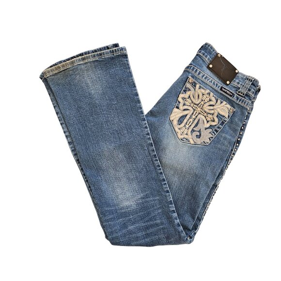 Trinity Ranch Bedazzled Embroidered Blue Denim Bootcut Jeans Sz Junior 11 - Picture 1 of 12